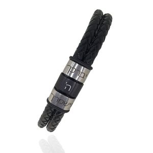 צמיד עור 2 רצועות עבה בצבע שחור עם אפשרות לחריטה צארם מטיטניום סטיל משי מט